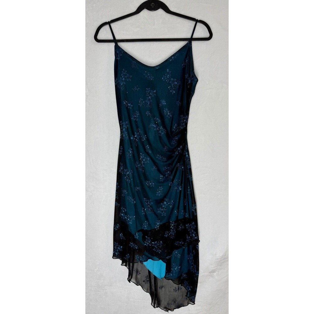 Vintage Y2K Fairycore Blue Glitter Mesh Hi Low Dress Prom Goth Formal Slip M/L